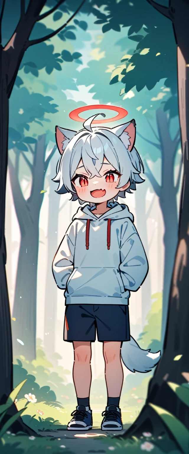 (masterpiece:1.2,high quality),8K,High resolution,A seven-year-old boy,cute boy,white hair,short hair,crossed bangs,red eyes,slit pupils, ahoge,cat ears,laughing,skin fang,red halo,Wearing a white hoodie,Dark blue shorts,Stand in the forest,There are flowering trees on both sides.,primary school student,thigh,alone,dog tail,(Put your hands in your pockets),((Put your hands in your pockets))
