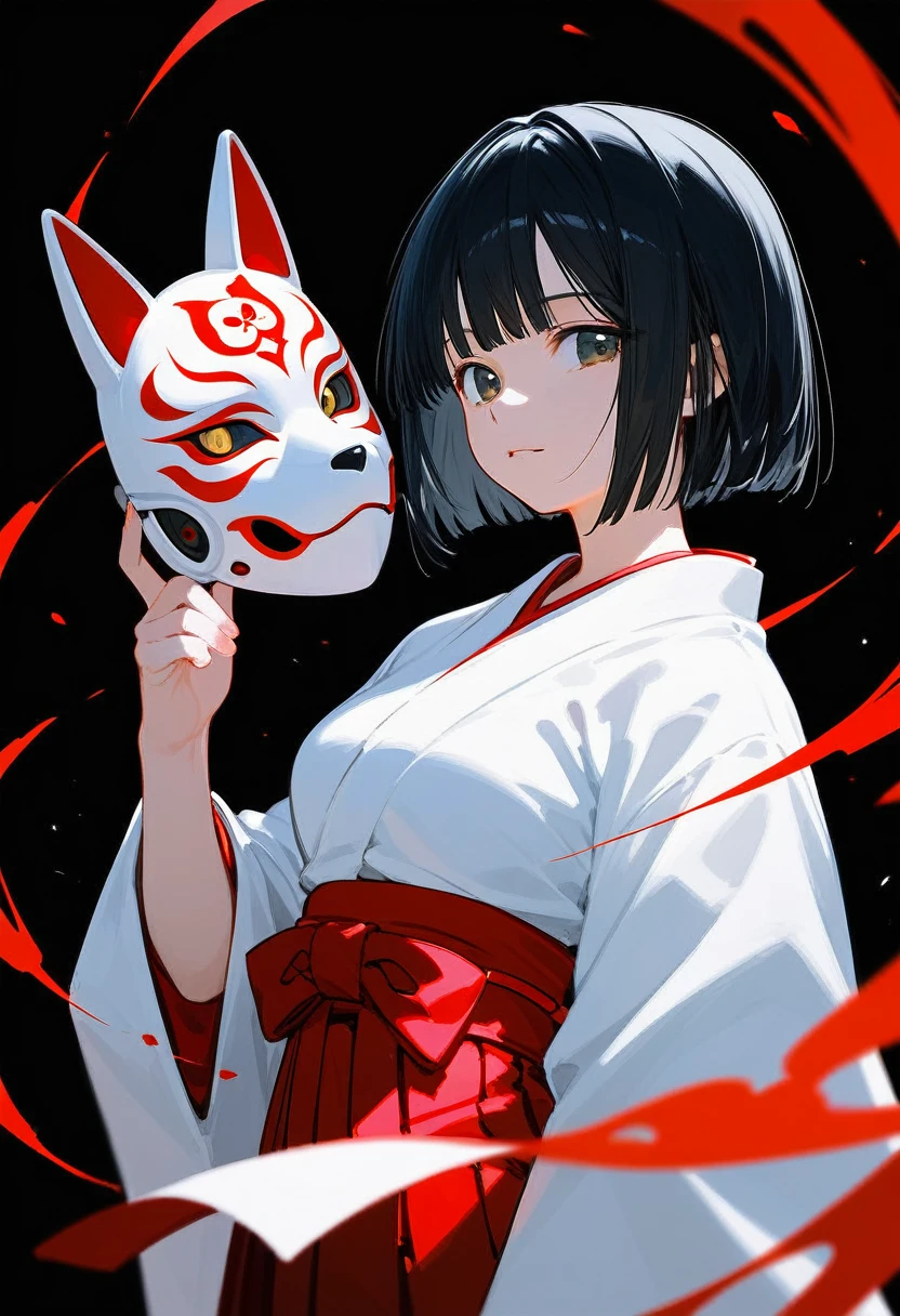 (score_9, score_8_up, score_7_up), absurdres, best quality, official art, masterpiece, very aesthetic, aesthetic, attention to detail, by erere, 1girl, short hair, reverse bob cut, black hair, miko, fox mask, mask on, Japanese clothes, kimono, white kosode, white kimono, red hakama skirt, sleeves past wrists, upper body, black background, simple background, white background