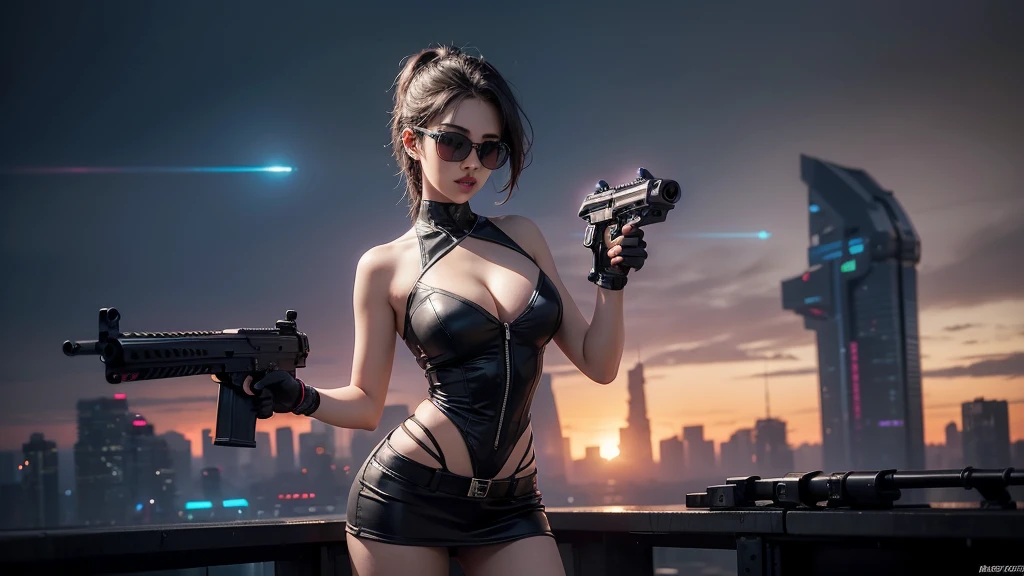 At night, aerial view of futuristic sci-fi cyberpunk city with plenty neon lights, skyscrapers, flying cars, vortex glowing hologram ((giant clock tower)) as time machine, high quality. (1girl, solo), photo realistic, large-breast:1.2 slim body, cleavage:1.3, tube top, short miniskirt, (black sunglasses), aiming at viewer with a (mini rifle):0.3, dynamic pose, half-body thigh level medium shot, cinematic lighting.