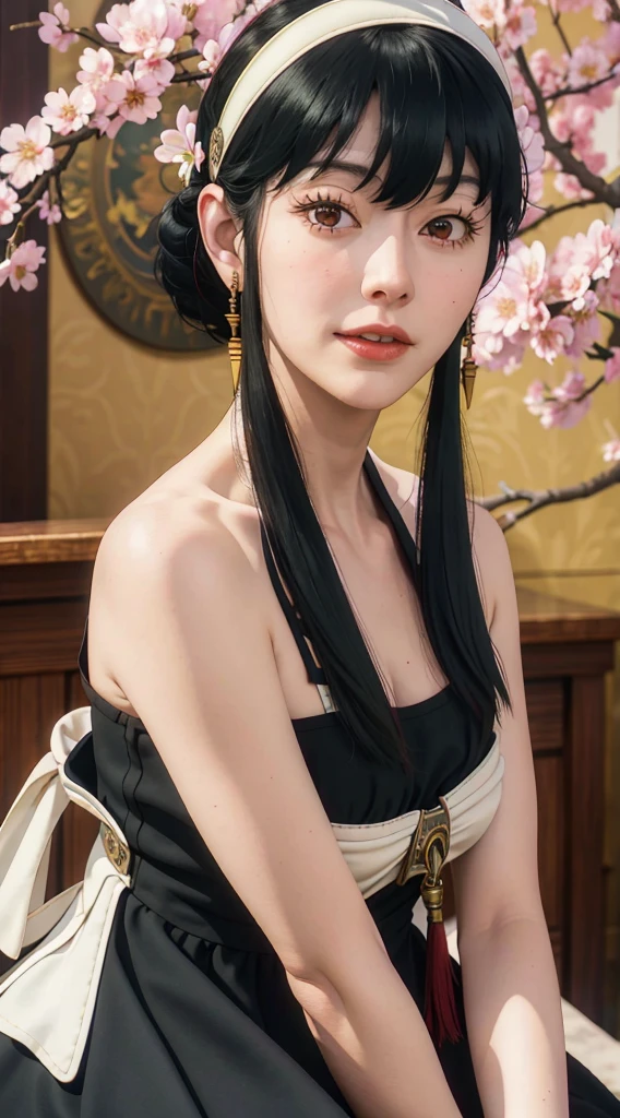 yor, Mature female, bangs, side locks, Red eyes, Black hair, hair adornments,sportrait, (face:1.2), schoolgirls, ssmile,bare shoulders, Black hair, cherry blossom, cleavage, (gown:1.21), clavicle, Willow Branch, (masterpiece best quality :1.2),