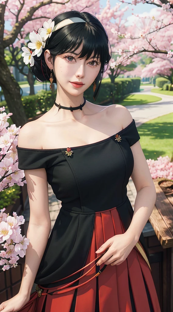 yor, Mature female,  bangs, side locks, Red eyes, Black hair, hair adornments，sportrait, (face:1.2), schoolgirls, ssmile,bare shoulders​, Black hair, cherry blossom, cleavage, (gown:1.21), clavicle, Willow Branch, (masterpiece best quality :1.2),