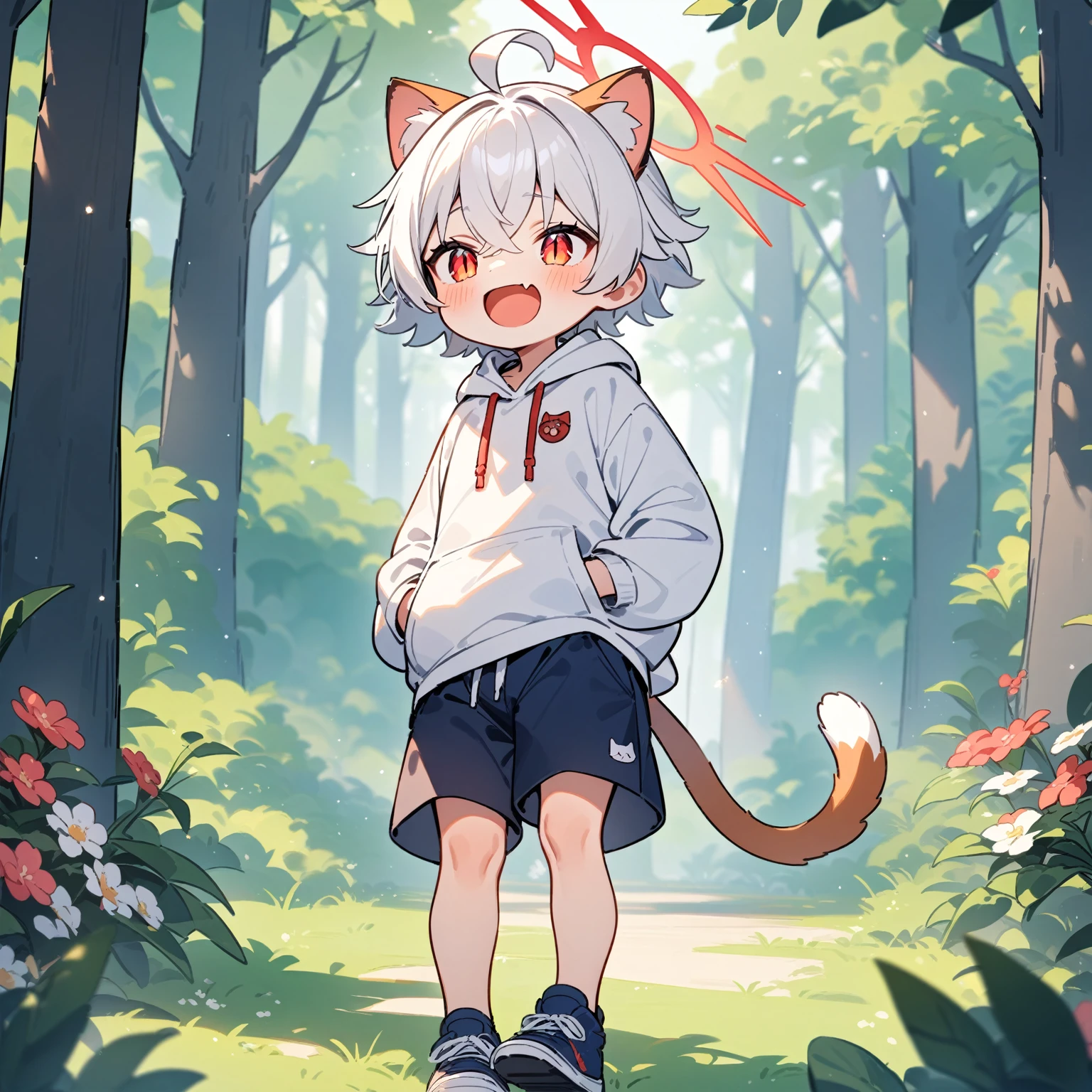 （masterpiece：1.2，high quality），8K，High resolution，A seven-year-old boy，cute boy，white hair，short hair，crossed bangs，red eyes，slit pupils， ahoge，cat ears，laughing，skin fang，red halo，Wearing a white hoodie，Dark blue shorts，Stand in the forest，There are flowering trees on both sides.，primary school student，thigh，alone，cat tail，（Put your hands in your pockets），（（Put your hands in your pockets））