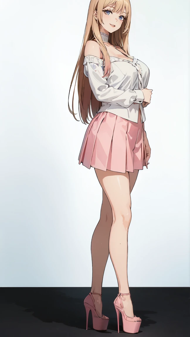((masterpiece, high resolution, better quality, better details)), ((Marin Kitagawa)), ((Smiling)), ((one girl)) a girl modeling standing, mini skirt, blouse, ((big neckline)), ((platform high heels)), pink eyes with black outline, (light blonde hair, straight hair, straight bangs, long hair)), long nails, pink nails, (((curvy body))), shiny skin, ((side view)), solo, bare shoulders, full body, focus full body, high heels, ((White background)),