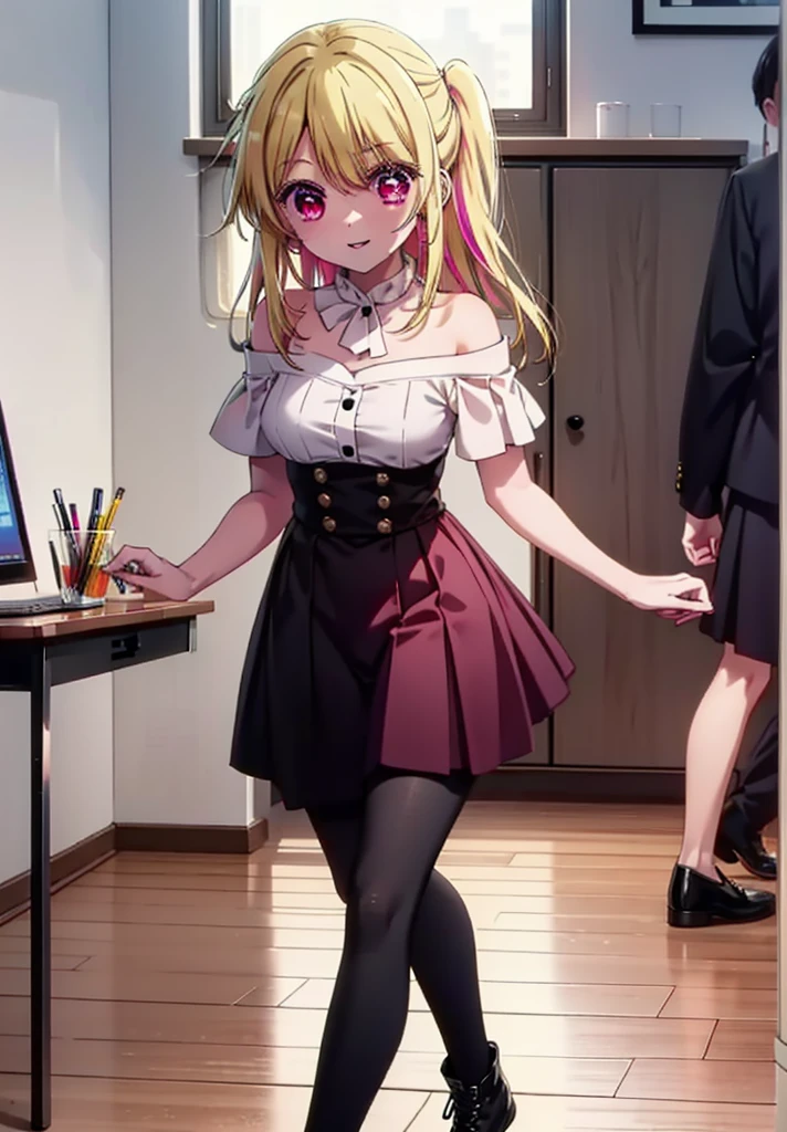 rubyhoshino, Hoshino Ruby, Long Hair, bangs, Blonde, (Pink Eyes:1.3), (Symbol-shaped pupil:1.5), Multicolored Hair, Two-tone hair, happy smile, smile, Close your mouth,
break, Cold Shoulder Shirt,Short sleeve,Long skirt,Black pantyhose,short boots,There is a computer on the table,Walking,interior,whole bodyがイラストに入るように,Daytime,Clear skies,
break indoors, office,
break looking at viewer, whole body,
break (masterpiece:1.2), Highest quality, High resolution, unity 8k wallpaper, (figure:0.8), (Beautiful attention to detail:1.6), Highly detailed face, Perfect lighting, Highly detailed CG, (Perfect hands, Perfect Anatomy),