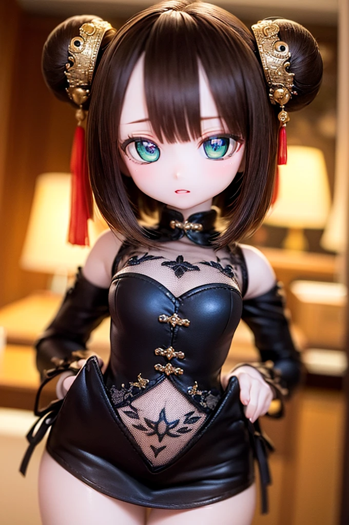(SFW:2), photorealistic, realistic photo, 8k, ((highest quality)), ((masterpiece)), (extremely detailed), kukolnydom, doll, (mature woman:1.6), solo, ((cowboy shot, parted lips, green eyes, brown hair)), double buns, (plastic skin, looking at another, glass eyes, gradient eyes, shining eyes, detailed eyes, detailed face:1.3), china dress, qipao, chinese room