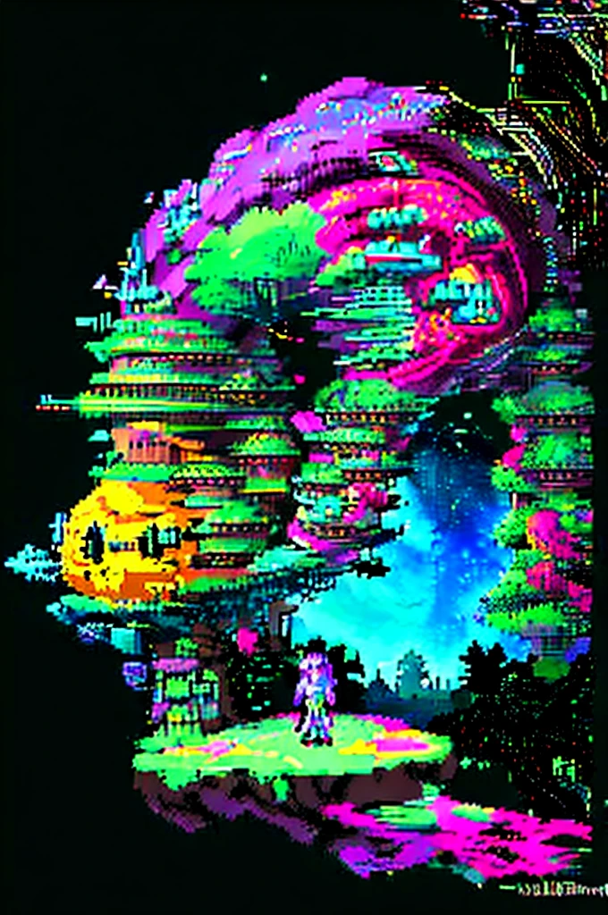Create a high-resolution pixel art image with a neon-inspired theme. Picture a girl standing in a surreal landscape filled with neon-colored flowers glowing brightly under a starry night sky. The background should be adorned with vibrant, shimmering auroras and distant silhouettes of futuristic skyscrapers. The girl herself should have a neon glow outlining her figure, with her hair flowing dynamically in the wind. Ensure the pixel art style is detailed and vivid, emphasizing the neon colors and creating a visually striking and futuristic atmosphere.