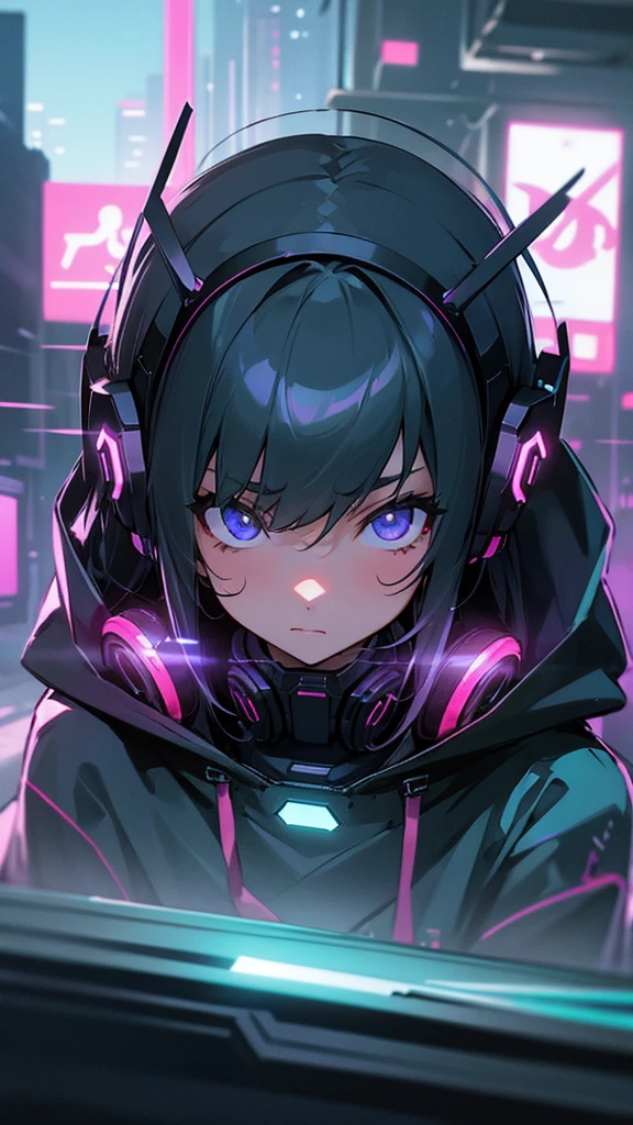 Cyberpunk City、neon、night、A ray of light、Girl wearing a hoodie、Large headphones、Strong gaze