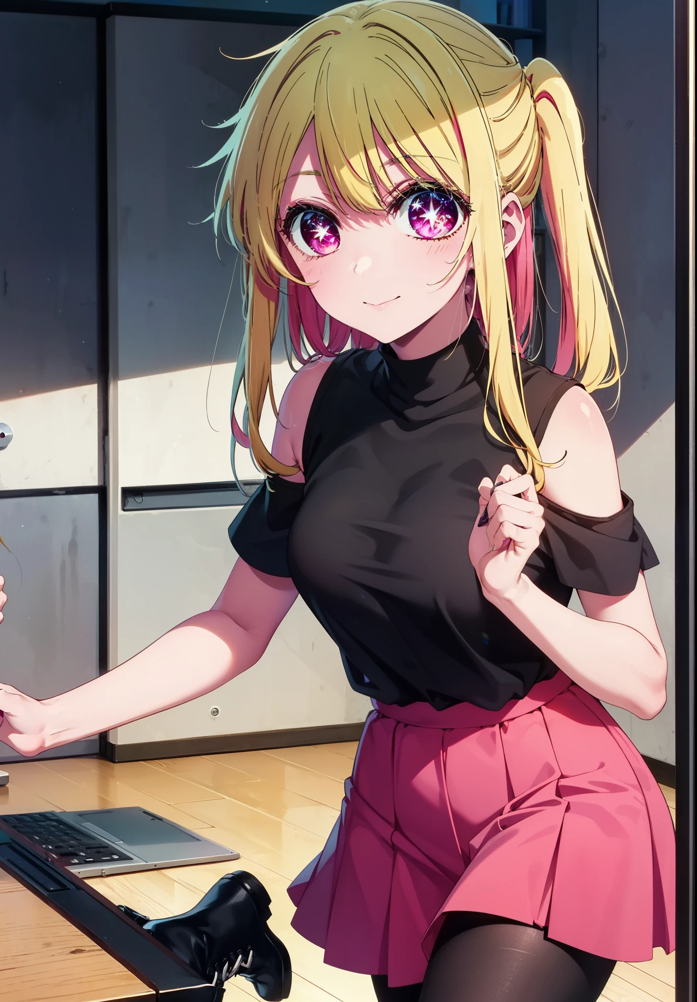 rubyhoshino, Hoshino Ruby, Long Hair, bangs, Blonde, (Pink Eyes:1.3), (Symbol-shaped pupil:1.5), Multicolored Hair, Two-tone hair, happy smile, smile, Close your mouth,
break, Cold Shoulder Shirt,Short sleeve,Long skirt,Black pantyhose,short boots,There is a computer on the table,Walking,interior,whole bodyがイラストに入るように,Daytime,Clear skies,
break indoors, office,
break looking at viewer, whole body,
break (masterpiece:1.2), Highest quality, High resolution, unity 8k wallpaper, (figure:0.8), (Beautiful attention to detail:1.6), Highly detailed face, Perfect lighting, Highly detailed CG, (Perfect hands, Perfect ???????),