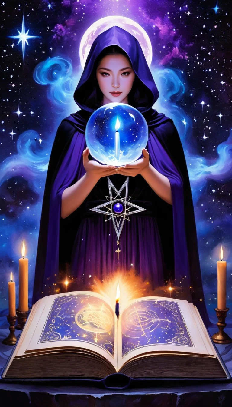 一个Divination师在黑色房间中，Silver with dark blue hues，Purple and black style，mystery，mystery学，dark cape，Western Middle Ages，Starry Sky，Astrology，magic物品，Tarot，shadow，symbol，Divination，calculated，shadow，soul，exotic，Occult art，nebula，Star，Book/打开的Book/magicBook，Candle，Crystal Ball，magic，Flame smoke，Mars，ash