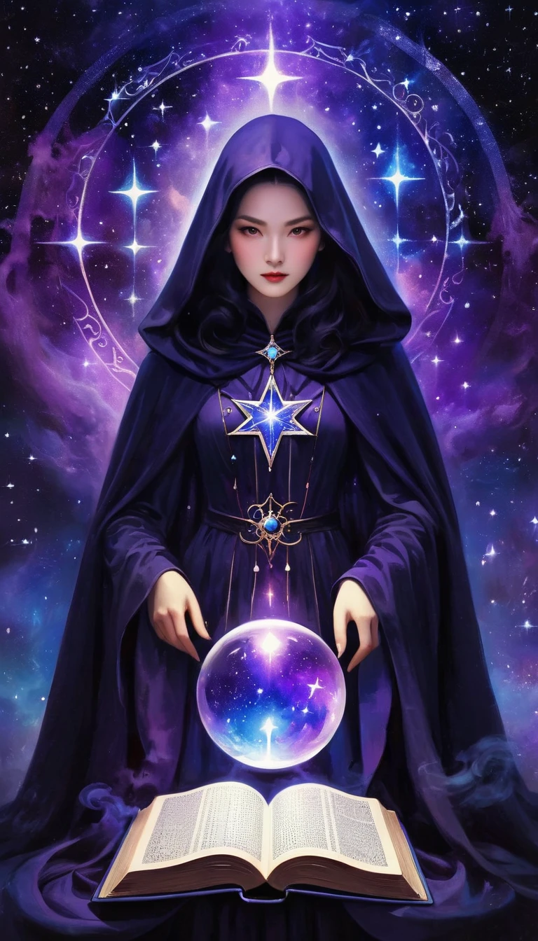 一个Divination师在黑色房间中,Silver with dark blue hues,Purple and black style,mystery,mystery学,dark cape,Western Middle Ages,Starry Sky,Astrology,magic物品,Tarot,shadow,symbol,Divination,calculated,shadow,soul,exotic,Occult art,nebula,Star,Book/打开的Book/magicBook,Candle,Crystal Ball,magic,Flame smoke,Mars,ash
