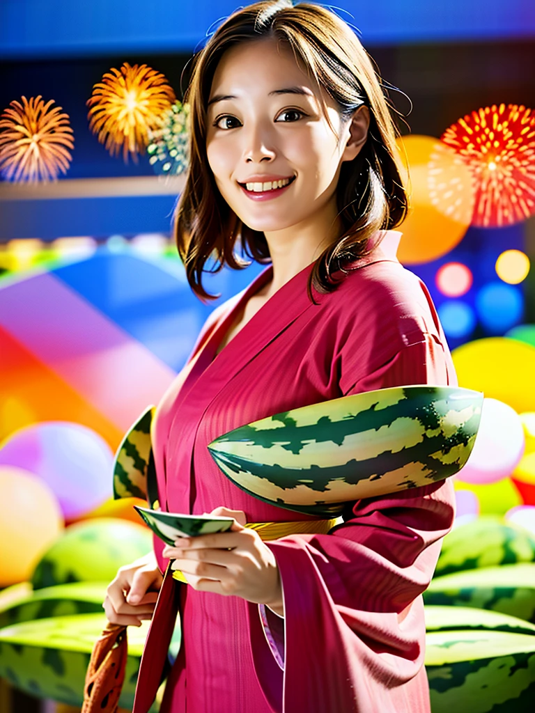 (fireworks), 1girl,(matsuri) (((Watermelon patterned yukata))), , (absurdres, highres, masterpiece), (night), vibrant colors, fluid colors, fine detailed beautiful face, ultra detailed, cowboy shot