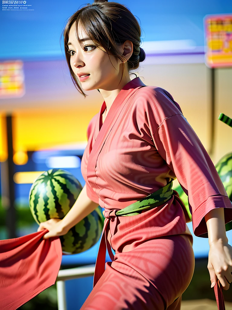 (fireworks), 1girl,(matsuri) (((Watermelon patterned yukata))), , (absurdres, highres, masterpiece), (night), vibrant colors, fluid colors, fine detailed beautiful face, ultra detailed, cowboy shot
