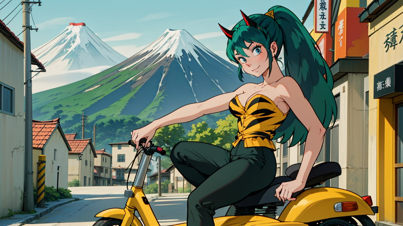 (score_9, score_8_up, score_7_up), lum, solo, long hair, bangs, green hair, blue eyes, aqua hair, tiny horns, eyeshadow, breasts, small breasts, looking at viewer, blush, teasing smile, fang, tilt head, (masterpiece), perfect sexy female body, (sexy and seductive pose:1.3), medieval Japanese street, mountain, Mount Fuji, hair between eyes, (hair ornament:1.2), hairclip, sidelocks, riding, business suit, strapless, black pants, white collared shirt, kanedabike, yellow tiger-stripped bigscooter, painterly, jhyd style, from side,