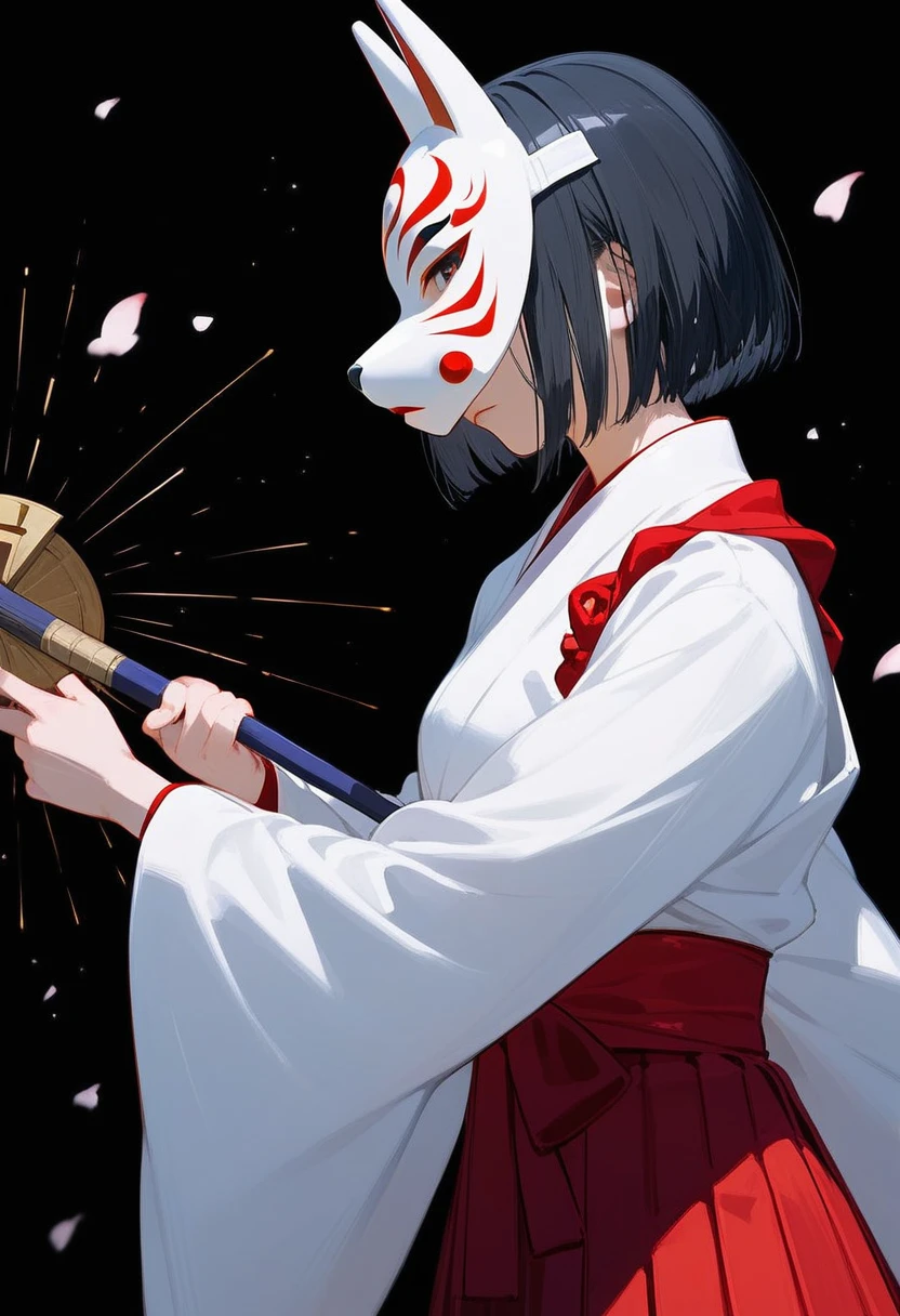 (score_9, score_8_up, score_7_up), absurdres, best quality, official art, masterpiece, very aesthetic, aesthetic, attention to detail, by erere, 1girl, short hair, reverse bob cut, black hair, miko, fox mask, mask on, Japanese clothes, kimono, white kosode, white kimono, red hakama skirt, sleeves past wrists, upper body, black background, simple background, white background
