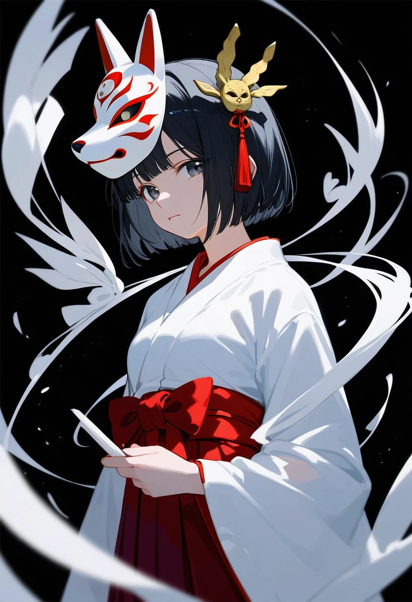 (score_9, score_8_up, score_7_up), absurdres, best quality, official art, masterpiece, very aesthetic, aesthetic, attention to detail, by erere, 1girl, short hair, reverse bob cut, black hair, miko, fox mask, mask on, Japanese clothes, kimono, white kosode, white kimono, red hakama skirt, sleeves past wrists, upper body, black background, simple background, white background