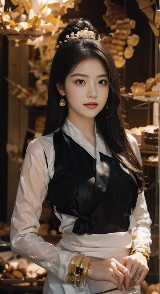 highest quality, overview, masterpiece, Ultra-high resolution, (Realistic), RAW Photos, One girl (At the bakery, Looking happily at the many pieces of bread, At the bakeryHave a good time), Details of different types of bread, Tight clothing, A very cute smile , Perfect Proportions, Very cute face, ((Very beautiful big black eyes)), Very beautiful short black hair, Detailed bakery