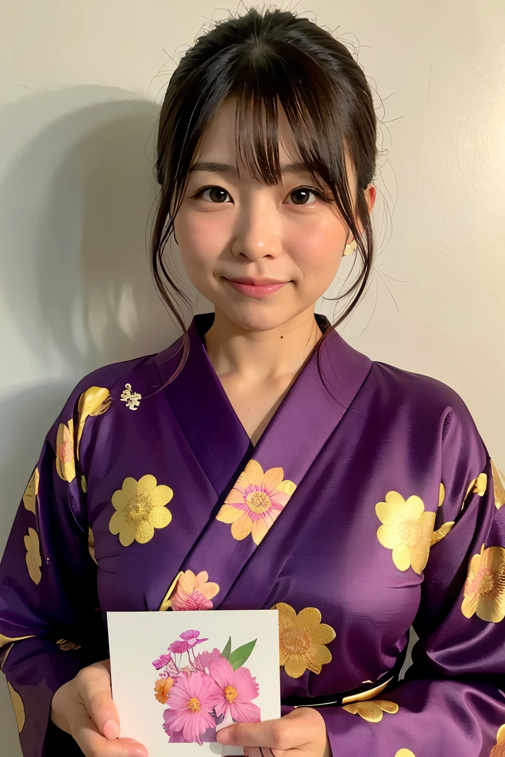 Please create an image that looks like a realistic Japanese woman holding the attached image in her hand.