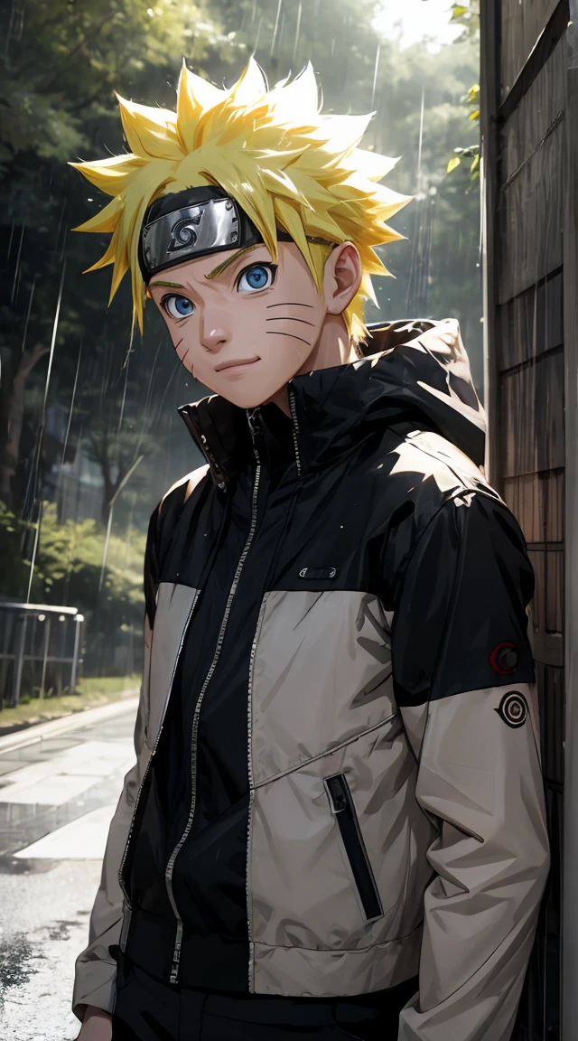 Masterpiece, Superb Style, streewear chothes, Outdoor forest , half Body, Uzumaki Naruto, blue eyes, short yellow hair,a boy, rain, no people, detail face, 