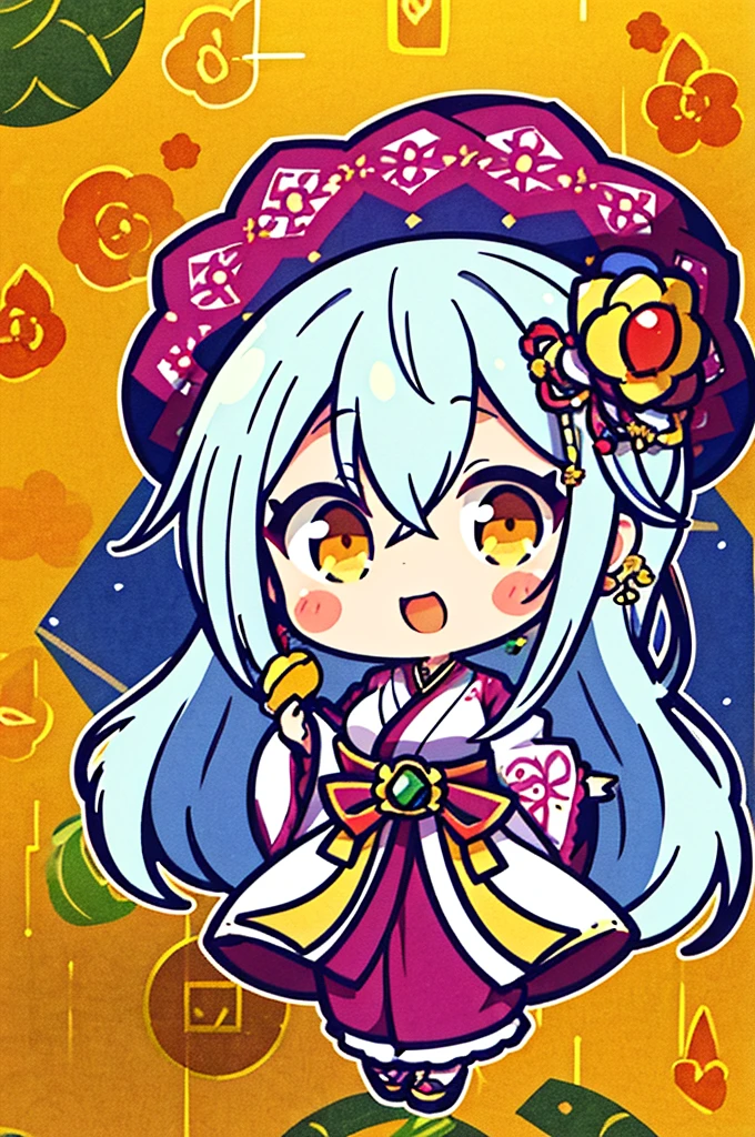 An anime-style elderly woman with white hair standing in a cornfield. She is wearing an elaborate outfit that combines elements of a traditional junihitoe and oiran style, adorned with intricate patterns and vibrant colors. The outfit includes multiple layers with an elaborate obi belt, and is decorated with luxurious details and gemstones. The kimono should have detailed, opulent patterns with gold, vibrant colors, and scattered gemstones, making it look even more ornate and glamorous. She maintains her joyful expression while holding a basket of vegetables. In the background, various vegetables like corn, tomatoes, and other greens are floating in the air, creating a whimsical atmosphere. The background features rows of corn plants under a clear blue sky, with an abundance of floating vegetables filling the scene.