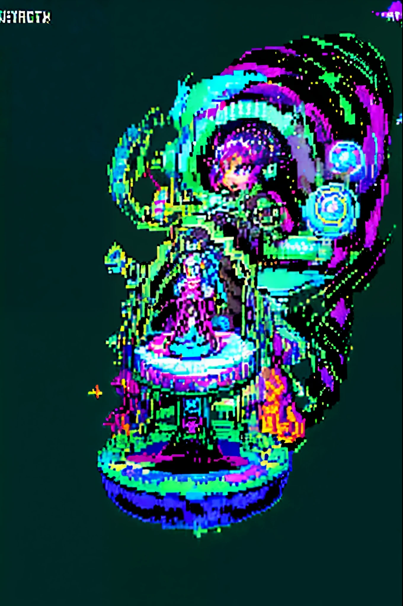 Create a high-resolution pixel art image with a neon-inspired theme. Picture a girl standing in a surreal landscape filled with neon-colored flowers glowing brightly under a starry night sky. The background should be adorned with vibrant, shimmering auroras and distant silhouettes of futuristic skyscrapers. The girl herself should have a neon glow outlining her figure, with her hair flowing dynamically in the wind. Ensure the pixel art style is detailed and vivid, emphasizing the neon colors and creating a visually striking and futuristic atmosphere.