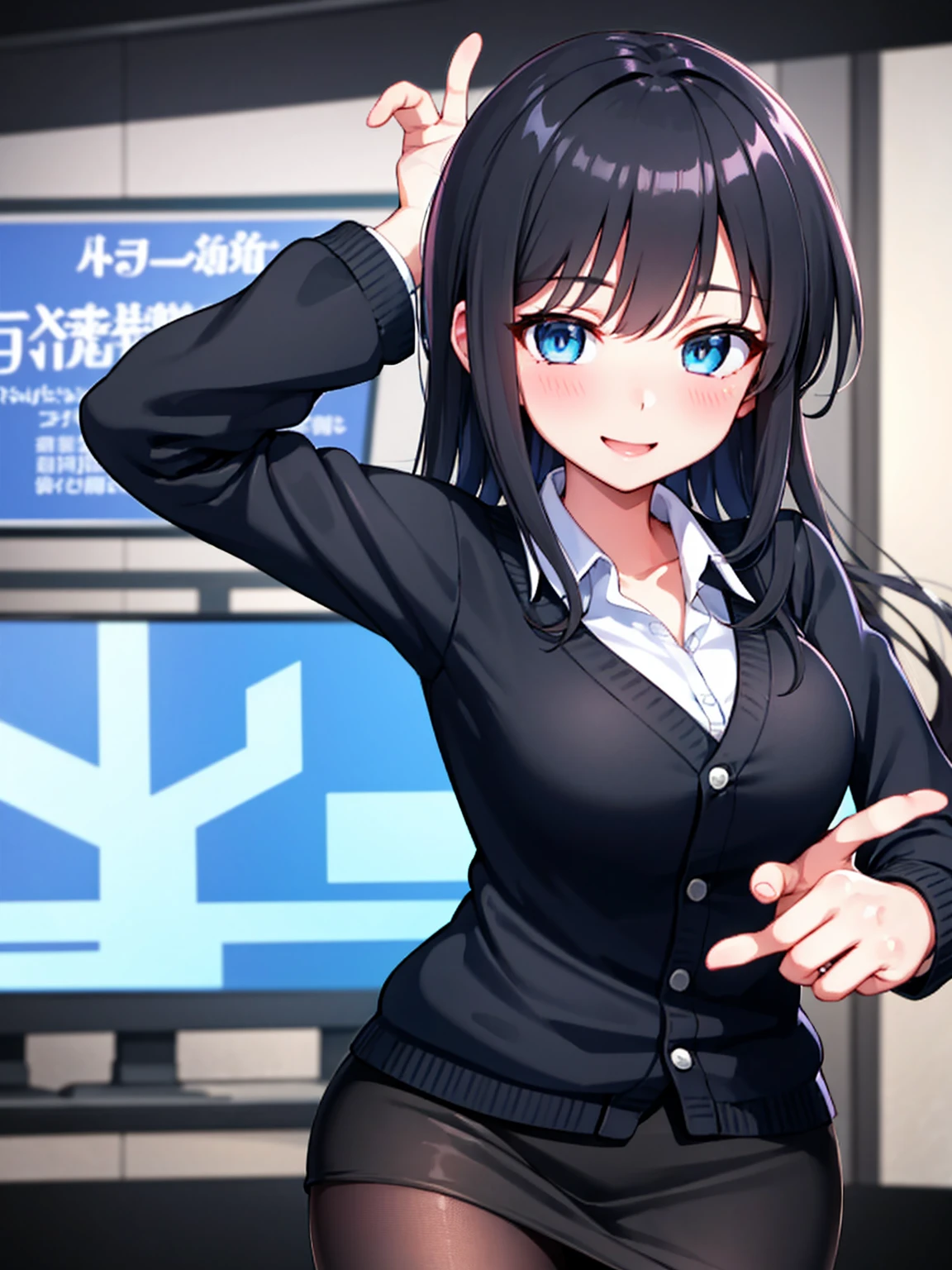 (Highest qualityのイラスト:1.2), (Black Hairの美少女:1.1), (1 Girl、、Highest qualityのイラスト:1.2), (1 Girl、Kind eyes、blue eyes:1.2)、((Black Hair:1.2))、Semi-long hair、(Highest quality、Very detailed、cute、Ultra-high resolution) 、Large breasts、office lady, {White business shirt, Black pencil skirt、cardigan、 pantyhose}, Positive、smile、