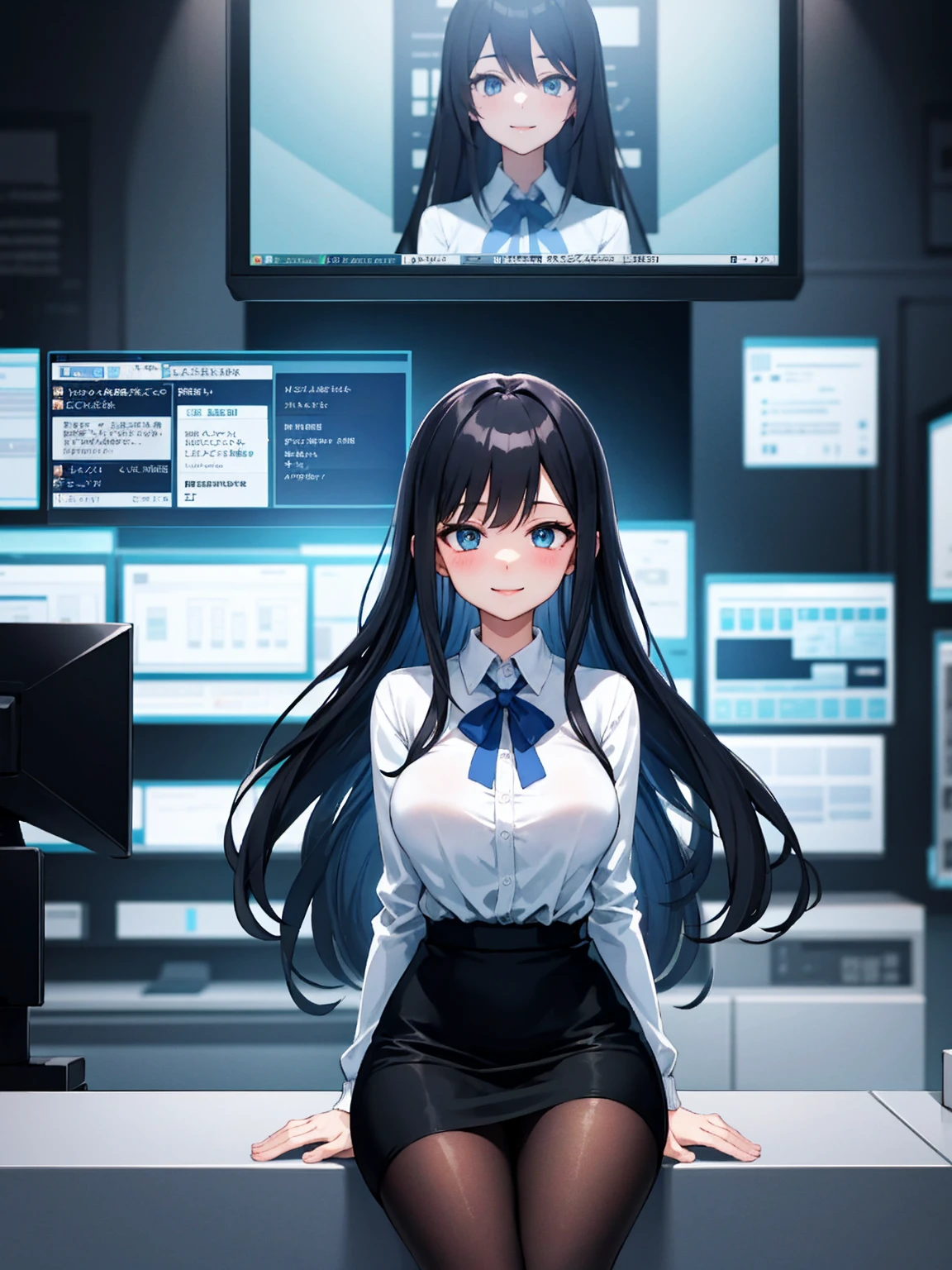 (Highest qualityのイラスト:1.2), (Black Hairの美少女:1.1), (1 Girl、17 years old、Highest qualityのイラスト:1.2), (1 Girl、Kind eyes、blue eyes:1.2)、((Black Hair:1.2))、Semi-long hair、(Highest quality、Very detailed、cute、Ultra-high resolution) 、Large breasts、office lady, {White business shirt, Black pencil skirt、cardigan、 pantyhose}, Positive、smile、