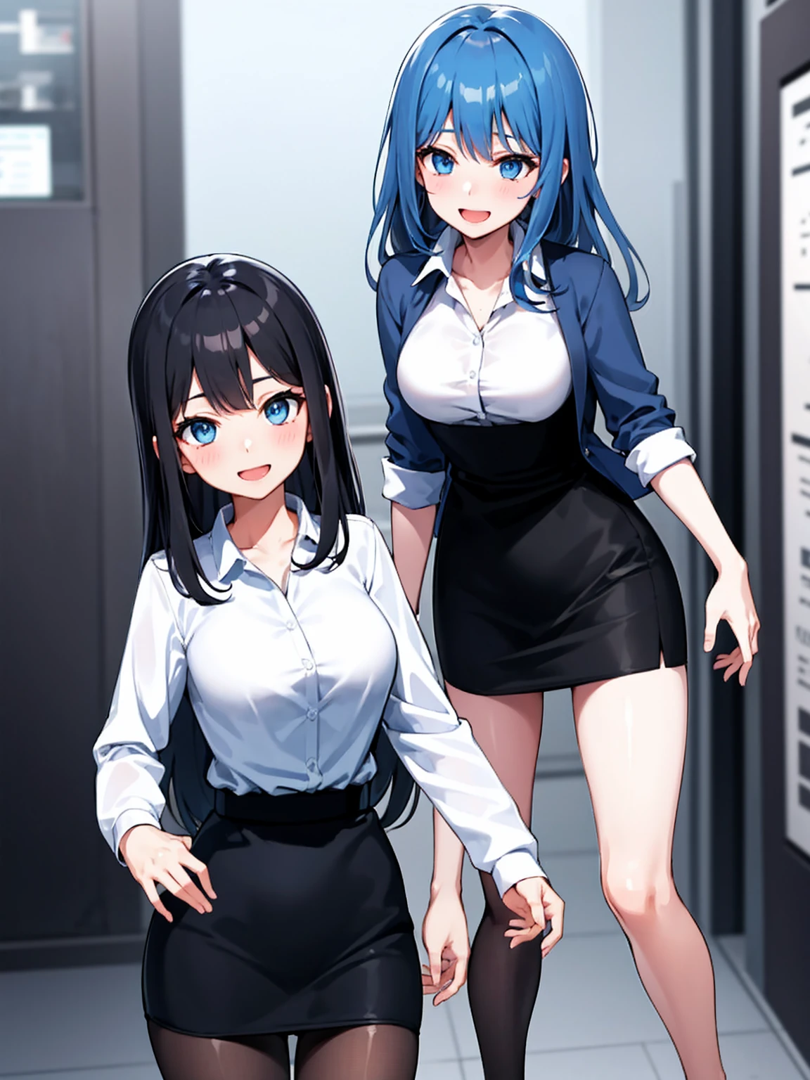 (Highest qualityのイラスト:1.2), (Black Hairの美少女:1.1), (1 Girl、17 years old、Highest qualityのイラスト:1.2), (1 Girl、Kind eyes、blue eyes:1.2)、((Black Hair:1.2))、Semi-long hair、(Highest quality、Very detailed、cute、Ultra-high resolution) 、Large breasts、office lady, {White business shirt, Black pencil skirt、cardigan、 pantyhose}, Positive、smile、