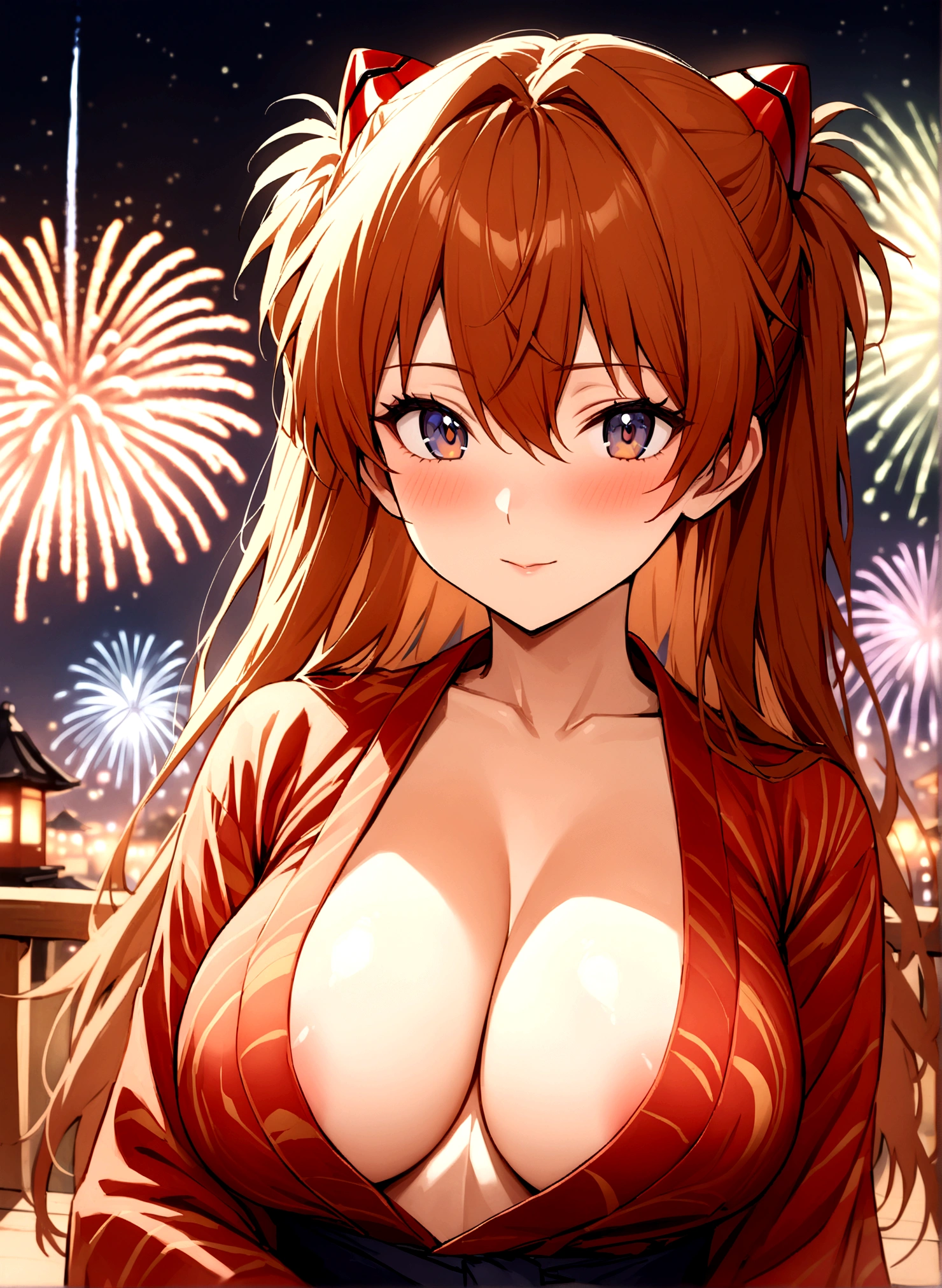 masterpiece, Highest quality, Asuka Langley, One girl,Beautiful Eyes,Reddish brown hair,yukata,Upper Body,Open chest,y,Bigreworks display