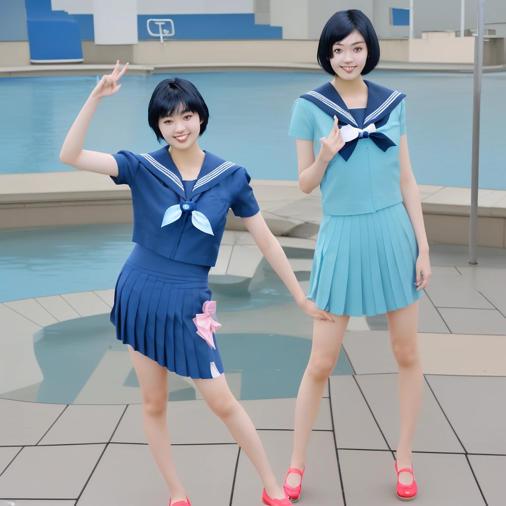 Japanese, high school girl, real, age 16 , "Sailor Mercury" cosplay, blue short hair, pose, Highest quality, poolside, smile , legs are thin, Height 160 cm, blue eyes