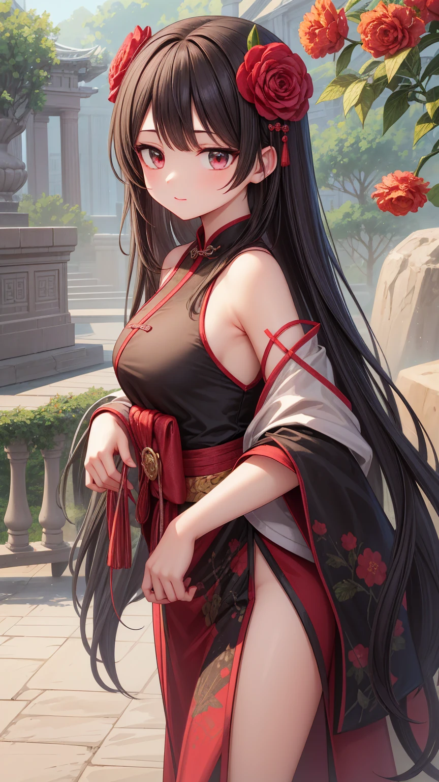 Anime girl in a red and black dress with a red flower in her hair, artwork in the style of Gwaiz, Gwaiz, Chinese Girl, Trending on cgstation, Cute anime waifu in a nice dress, Gwaiz on pixiv artstation, palace , Girl in Hanfu, Beautiful digital art, Gwaiz on artstation pixiv