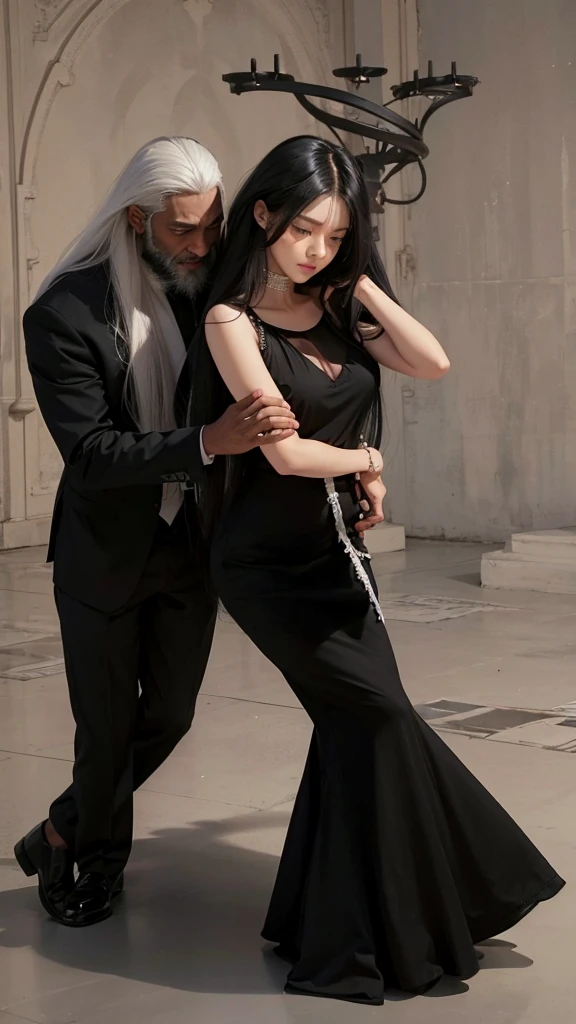 A dark-skinned man with long white hair, with beard, with a set of black clothes, behind a girl. A beautiful girl with black straight hair dress, being hugged from behind.