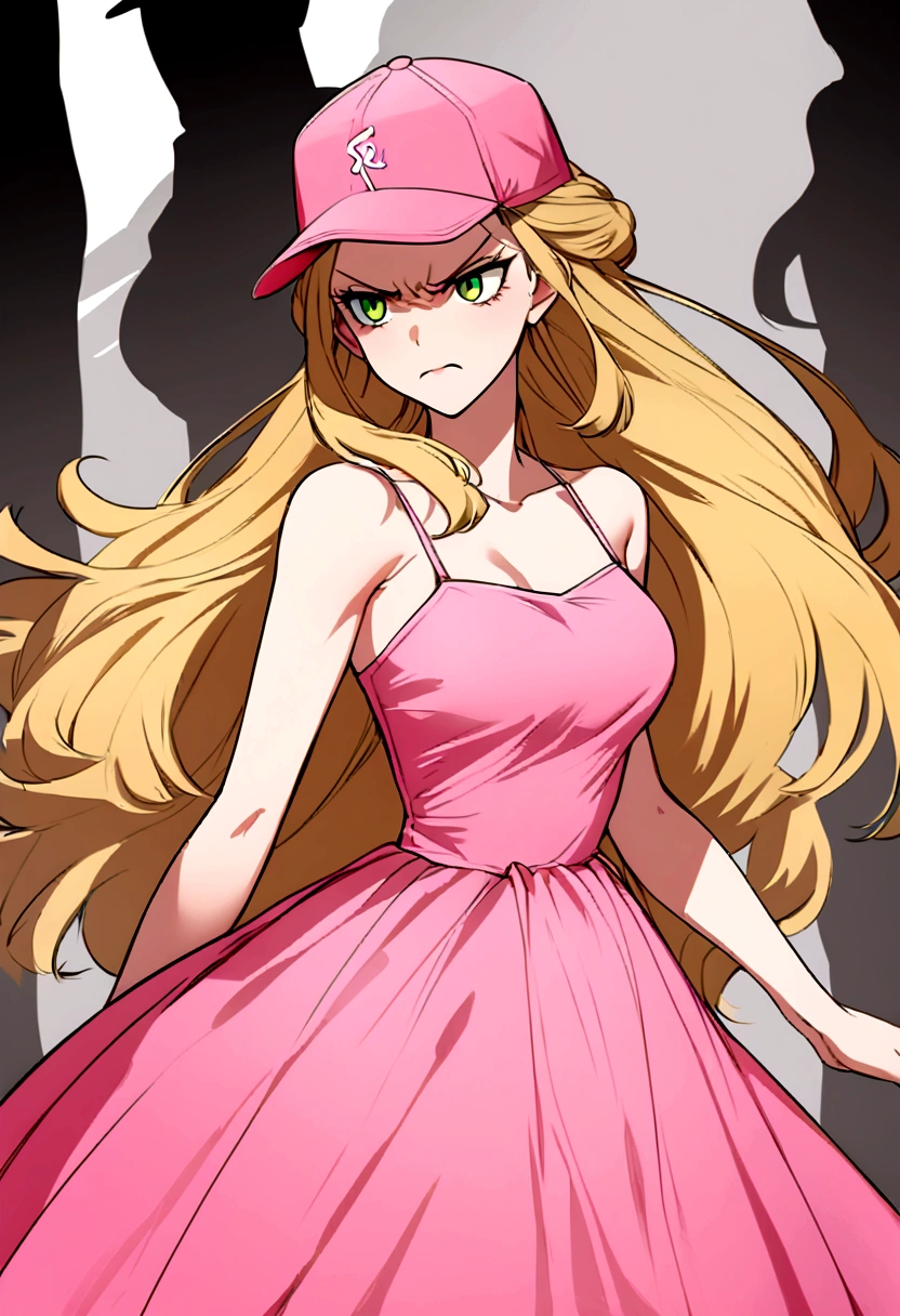 creates the image of a princess, with a pink princess dress, she is wearing a baseball cap, she has an angry expression, she is blonde and has green eyes