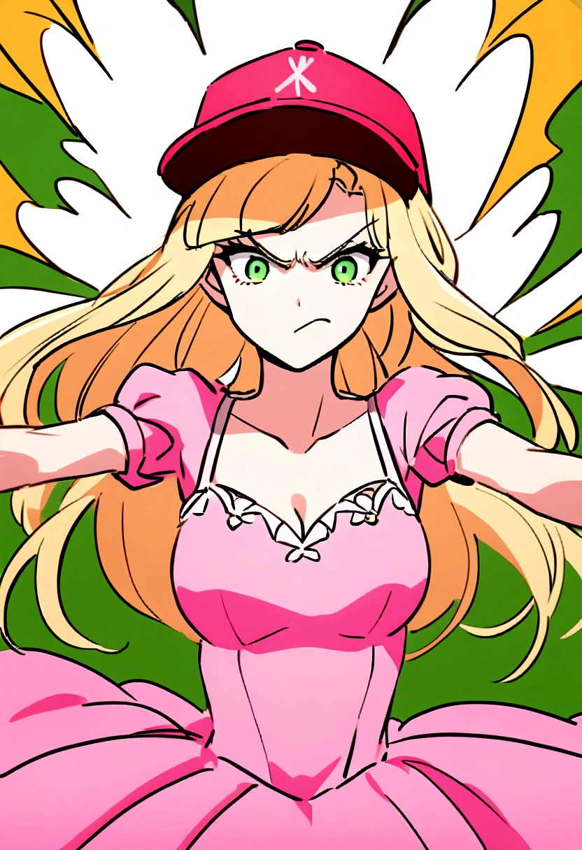 creates the image of a princess, with a pink princess dress, she is wearing a baseball cap, she has an angry expression, she is blonde and has green eyes
