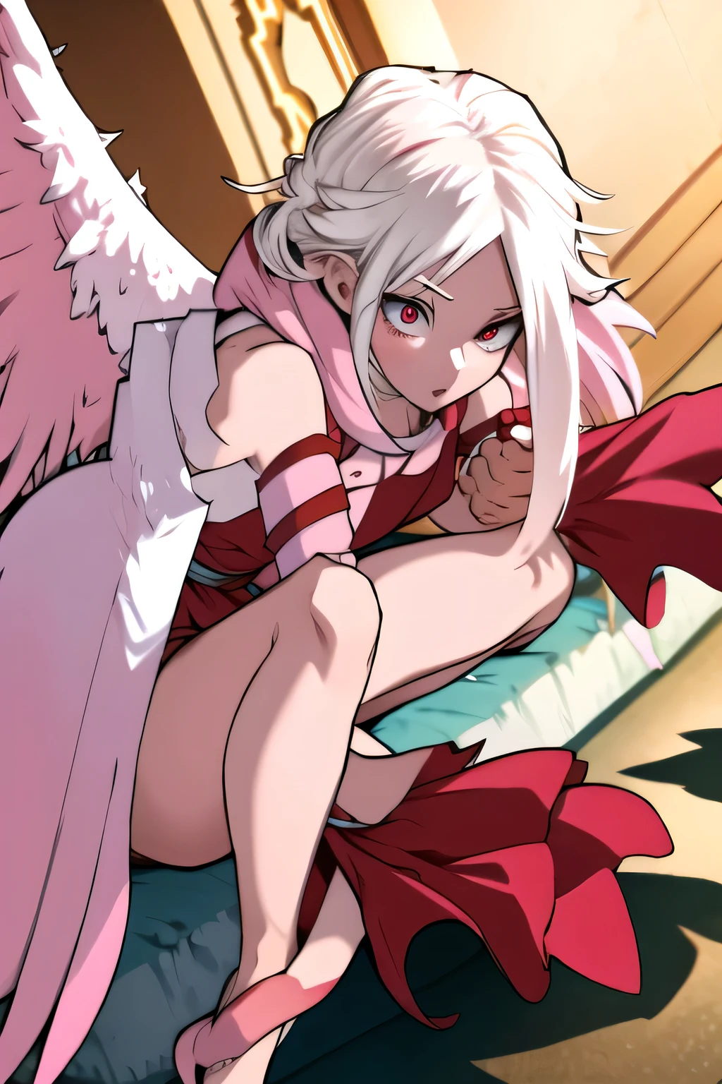 Horikoshi Kouhei, Boku No Hero Academia, anime, 1girl, 2D, shoulder length white hair, white hair, straight bangs, round pink eyes, white eyelashes, fair skin, hourglass body, light pink maxi dress, white angel wings, cute