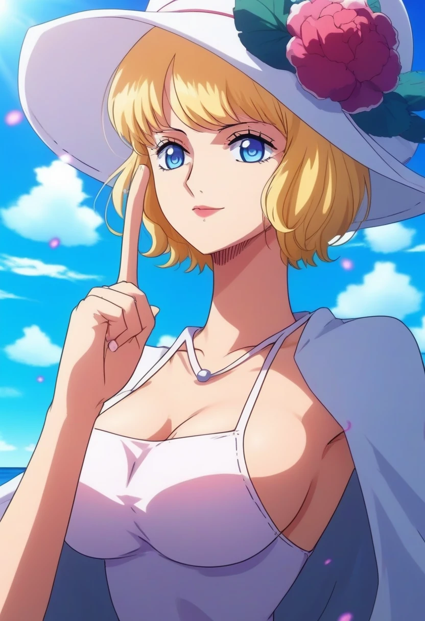 anime artwork a woman, short blonde hair,  blue eyes, hat flower, large breast, . anime style, key visual, vibrant, studio anime,  highly detailed, bikini, beach, light particles, light rays, wallpaper,