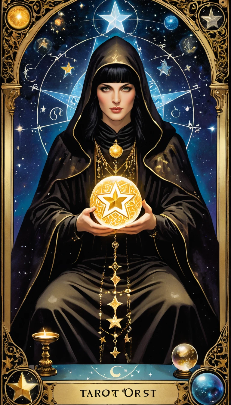 A Ornate Tarot Card, a robed astrologer sat quietly at a table full of symbols and holding a crystal star-chart-ball, with a text at the bottom of the card, close on face, tarot card, extremely high quality for texture, front and two sides, it's full of mystical magic, the front and two sides are on the card, the overall color is dark black and shiny gold, reflecting and shiny gold, ultra detailed face, ultra detailed clothes texture, ultra details,