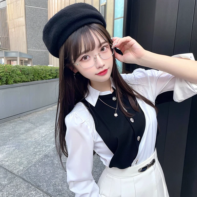 whole body (8K, RAW Photos, Highest quality, masterpiece:1.2), (Realistic, photo-Realistic:1.37),(Sharp focus:1.2), Professional Lighting, Photon Mapping, Radio City, Physically Based Rendering, (Pale skin:1.2),(Small breasts:1.2), View your viewers, (Mid-length hair:1.5), Portraiture, Purple eyes, (Silver Hair:1.1),bangs, (Simple Background:1.4), alone, Upper Body, Realistic,(masterpiece:1.4),(Highest quality:1.4),(Shiny skin),Fashionable Girl,compensate,smile(skinny,Mouth closed,shy :1.3) ,(Are standing,Black stewardess uniform,Necromancer:1.1),Wearing glasses with thin frames,necklace,hatを被っている,hat,バケットhat,Selfie,mirrorに向かってSelfie,selfy,mirrorの前でSelfie,mirror