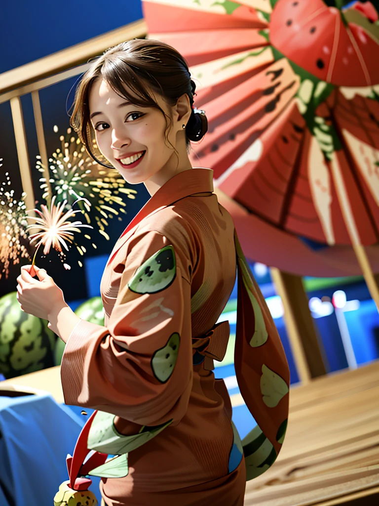 (fireworks), 1girl,(matsuri) (((Watermelon patterned yukata))), , (absurdres, highres, masterpiece), (night), vibrant colors, fluid colors, fine detailed beautiful face, ultra detailed, cowboy shot