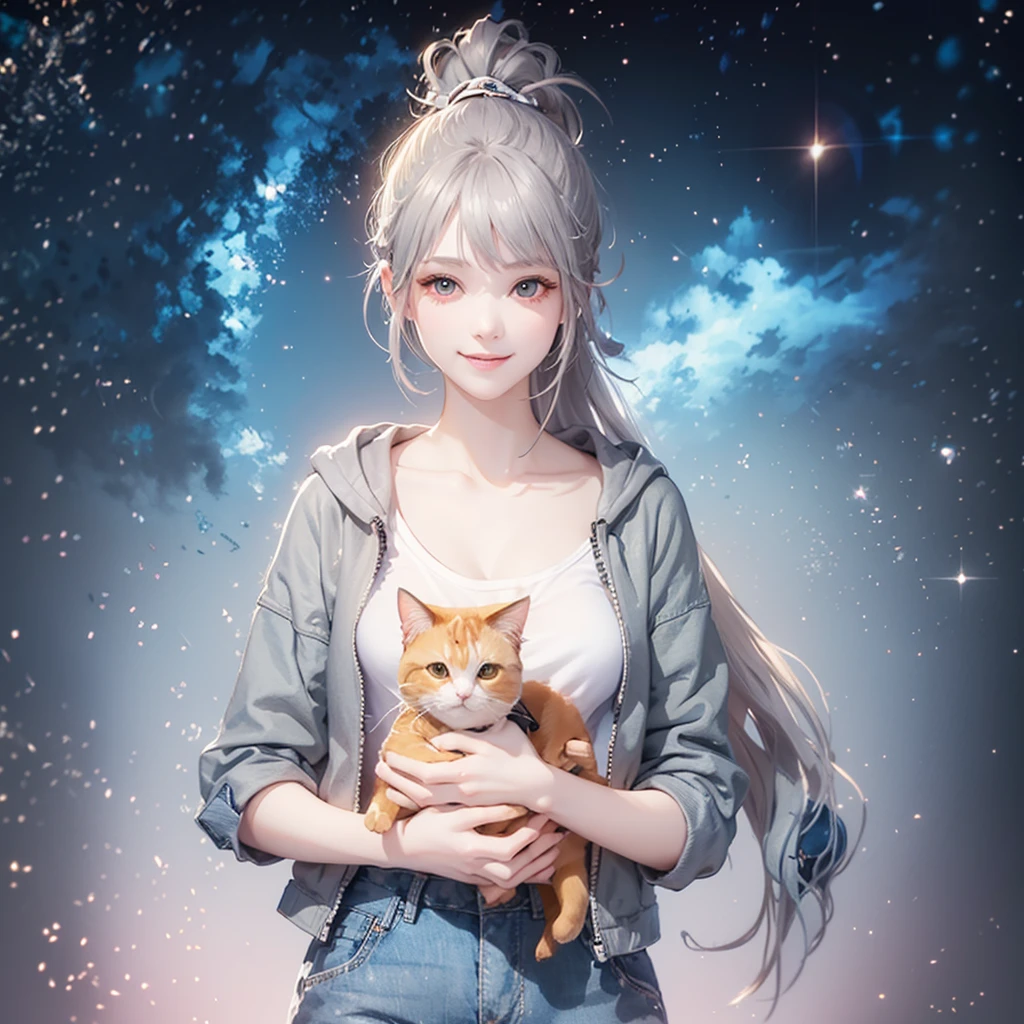 (((Holding a cute orange fat cat with super short legs in both hands,Correct anatomy))),((Highest quality,masterpiece,一位Mature美女,Super thin air parted bangs,Light blue denim gray hooded jacket,Blue gray high ponytail super long straight hair,Double sideburn curly hair,Hair ends curled in,Gray powder clothes,Exposed clavicle,Show all ears)),((Mature,Smile slightly,Look at the camera head-on)),starry sky galaxy background,Matte denim texture