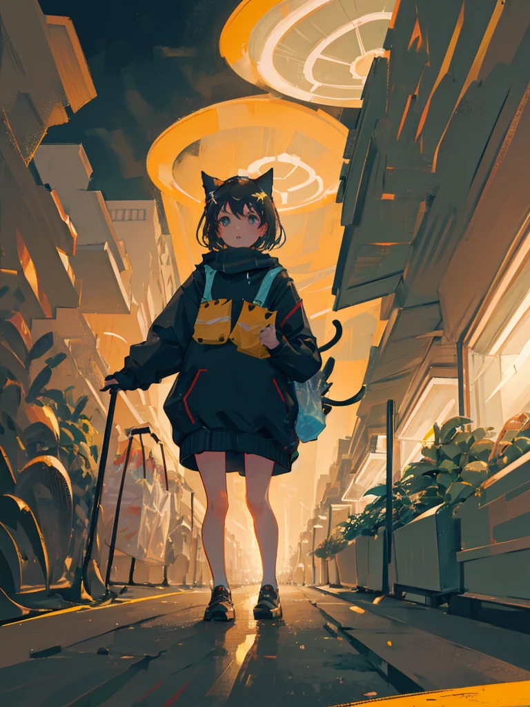 a girl rushes on a scooter through the city at night, deftly maneuvering between passers-by. Bag with a cat, bouncing. The lights of the night city flicker around: car headlights, shop windows,