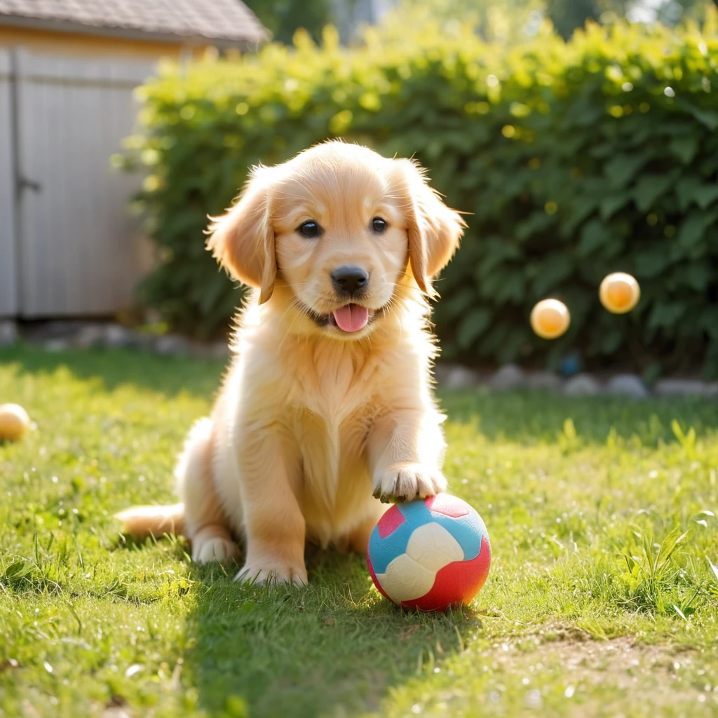 Small golden retriever puppy playing with a ball in the yard, noon, summer, Volumetric Light,