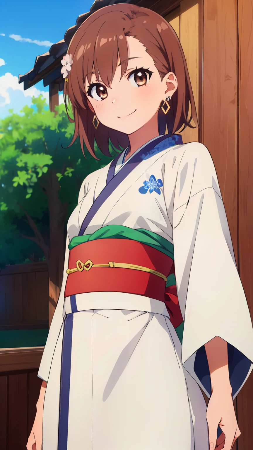 (masterpiece, best quality, 8k:1.2),Very detailed, (anime:1.1), misaka_mikoto, brown hair, short hair, hairpin, small medium breasts, 1girl, (Smiling face, strong, kimono dress, earrings), Cowboy shot, looking at viewer,