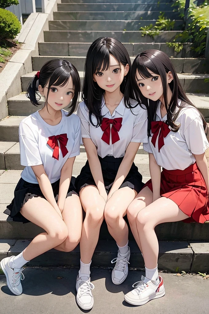 Three happy girls were sitting on the stone steps, Take a full body photo、Have fun and laugh、She was wearing a white blouse, バンズ sneakers, Red checked skirt、白いsneakers, Black Hair, detached houses, Flowers,Happy girl with round face, Big eyes, Long eyelashes, Full-body display、Detailed Private Parts、Hairless、Detailed female genitalia、Spread your legs、真From below、I see your white pants、Highest quality, Ultra-high resolution, (Realistic: )2D official style cel animation,((Like Hayate!Three girls sitting in a row。))mini skirt,summer shirt,(Lace panties),loose socks,sneakers,Full body portrait,(From below),Station stairs,sunny,Troubled face,Spread your legs