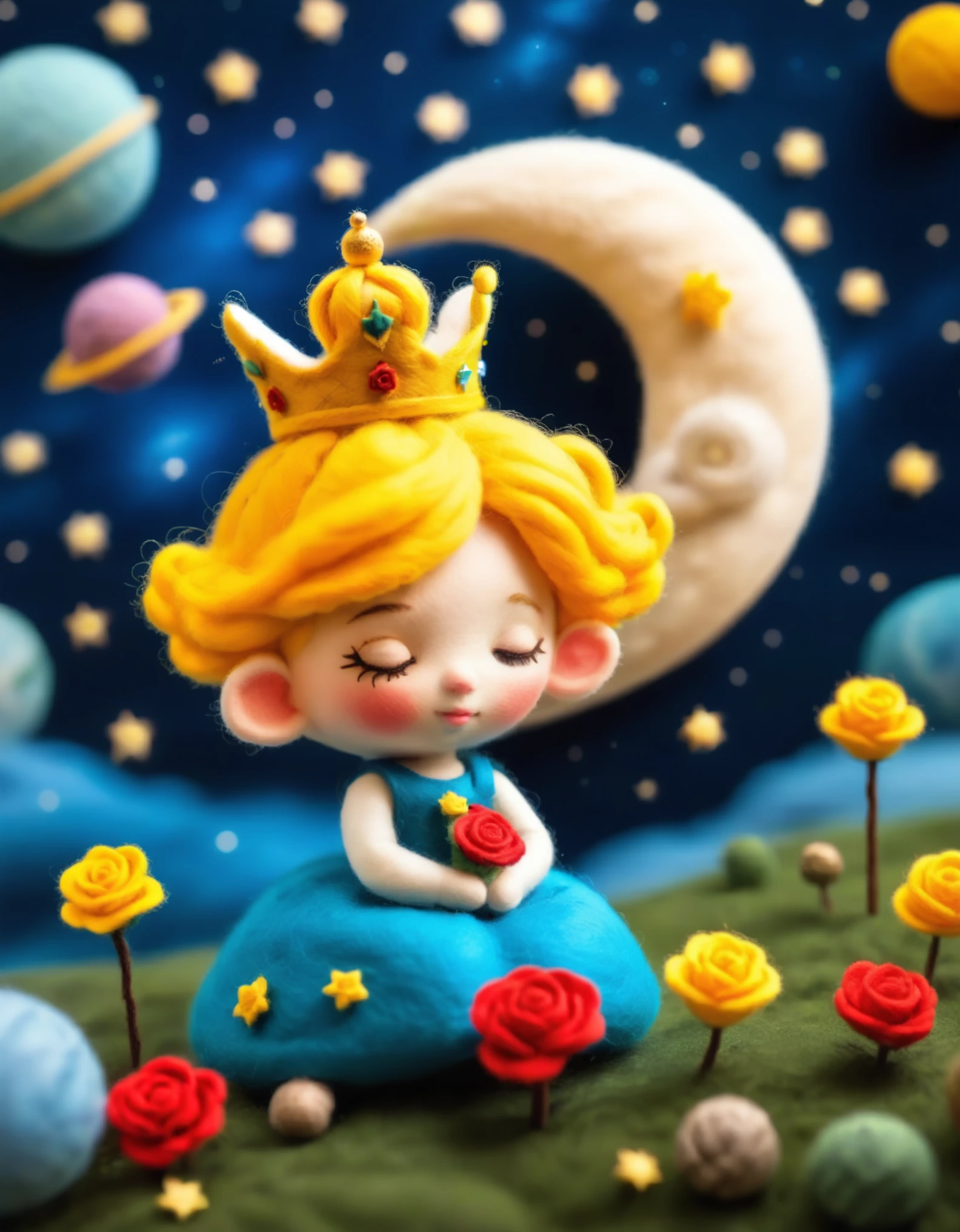 Felt world,felt style,Felt-World\(style\),A  from a fairy tale,with yellow hair,a crown,a gorgeous dress,holding a rose,a rose field on the moon,planets,loneliness,sparkling starry sky,wool felt,handcrafted,artistic,3D,realistic details,,