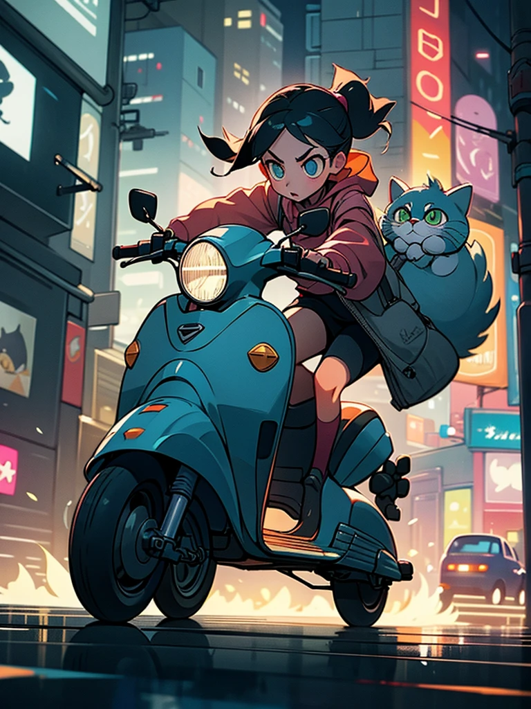 a girl rushes on a scooter through the city at night, deftly maneuvering between passers-by. Bag with a cat, bouncing. The lights of the night city flicker around: car headlights, shop windows,