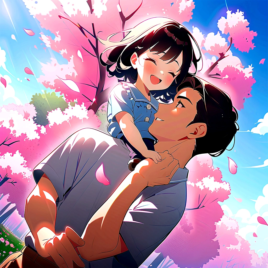male\(young, Lively, Black Hair,Close your eyes and smile, Open your mouth, Blue short sleeve polo shirt, Brown pants\) teeth (Holding a child:1.5) Over the clothes,(you can see males hand:1.5), garden, Many petals fluttering in the air, Colorful flowers blooming in abundance, Beautiful blue sky, Beautiful Clouds, break ,quality\(8K,非常に精細なCGユニットのwallpaper, masterpiece,High resolution,top-quality,top-quality real texture skin,hyper realteethitic,Increase the resolution,RAW Photos,最高quality,Very detailed,wallpaper,Cinema Lighting,Ray-tracing,Golden Ratio\),[Browsing Caution],Dynamic Angle,[Browsing Caution],From below
