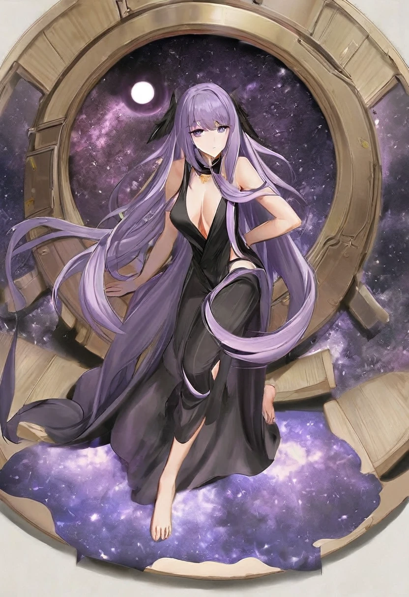 Athena，Extra long purple hair，Purple Eyes，Wearing black silk，Purple jumpsuit，Black one-piece dress，But the jumpsuit is sexy，barefoot，A black hole in the universe，Purple and black black hole please，This time the drawing is better and the proportions of the characters are more normal.，Better posture