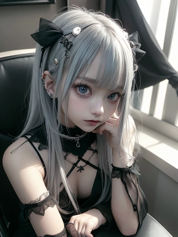 Completely naked,Sexy and firm super small breasts、Showing breasts and nipples、gothic punk girl,Sexy cute looks and cute 15 year old beautiful girl, White long straight hair、Beautiful and sexy face、Sitting on a chair with legs wide open、Beautiful, cute and sexy eyes hidden by long bangs,Light blue eyes、Showing breasts and nipples