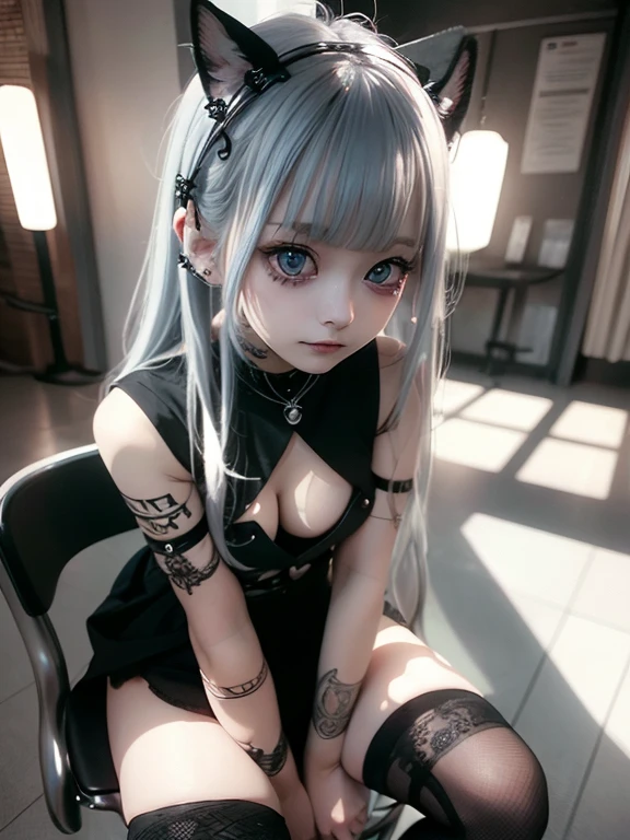 Completely naked,Sexy and firm super small breasts、Showing breasts and nipples、gothic punk girl,Sexy cute looks and cute 15 year old beautiful girl, White long straight hair、Beautiful and sexy face、Sitting on a chair with legs wide open、Beautiful, cute and sexy eyes hidden by long bangs,Light blue eyes、Showing breasts and nipples