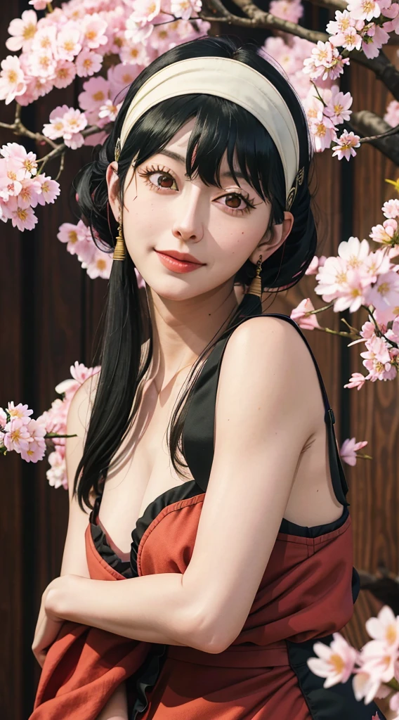 yor, Mature female,  bangs, side locks, Red eyes, Black hair, hair adornments，sportrait, (face:1.2), girls, ssmile,bare shoulders​, Black hair, cherry blossom, cleavage, (gown:1.21), clavicle, Willow Branch, (masterpiece best quality :1.2),